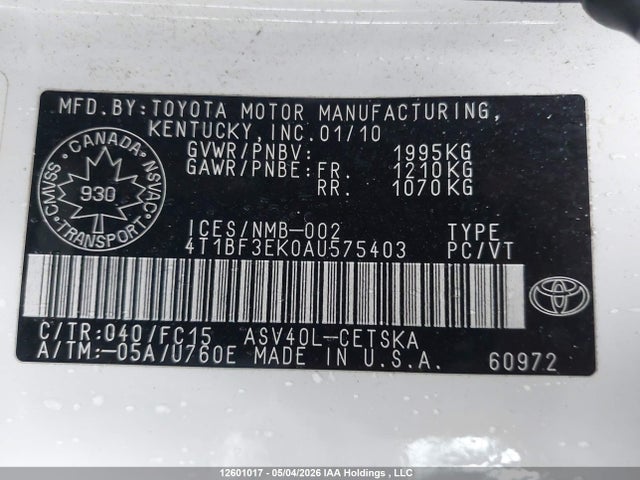 12601017 :رقم المزاد ، 4T1BF3EK0AU575403 vin ، 2010 Toyota Camry Se مزاد بيع
