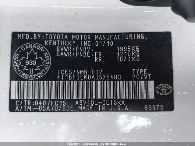 12601017 :رقم المزاد ، 4T1BF3EK0AU575403 vin ، 2010 Toyota Camry Se مزاد بيع