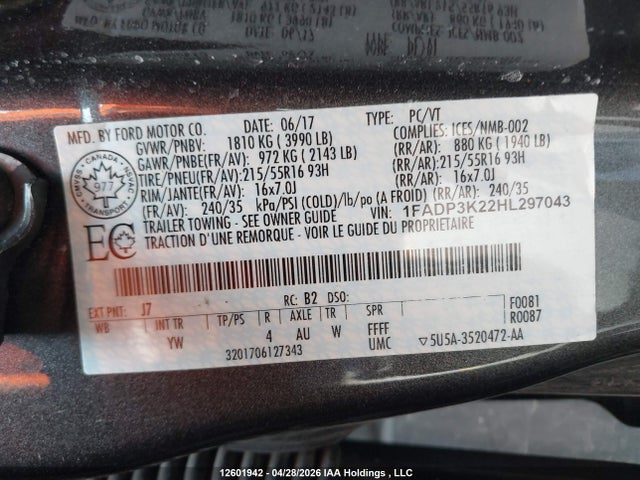 1FADP3K22HL297043 Ford FOCUS SE