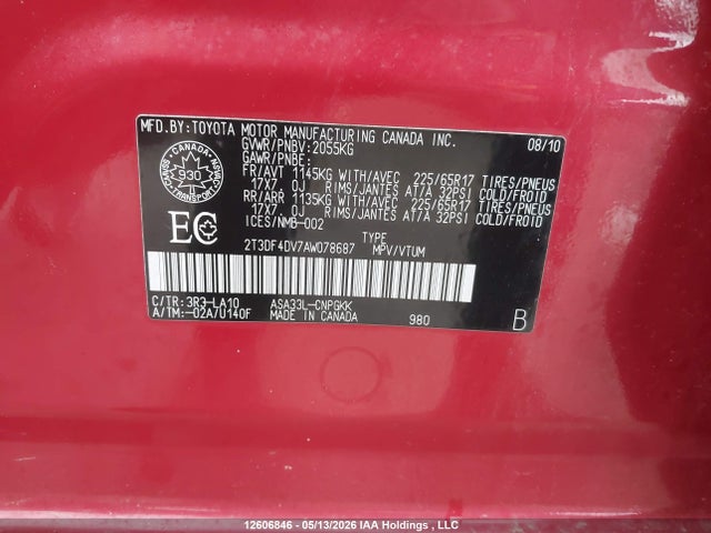 Продаж на аукціоні авто 2010 Toyota Rav4 Limited, vin: 2T3DF4DV7AW078687, номер лоту: 12606846