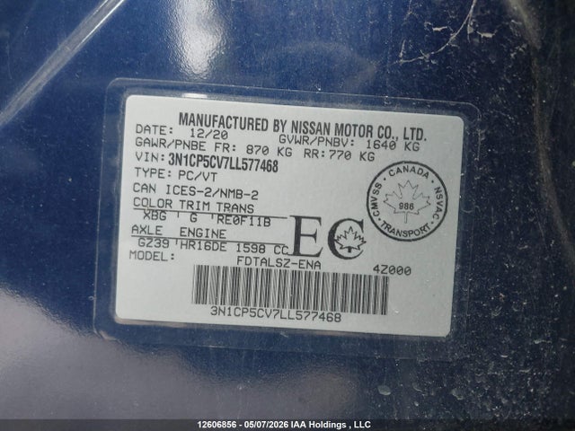 12606856 :رقم المزاد ، 3N1CP5CV7LL577468 vin ، 2020 Nissan Kicks مزاد بيع