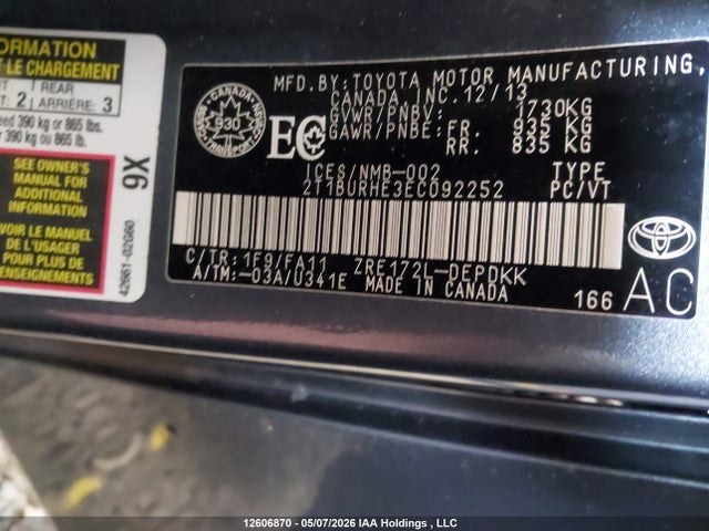 Продаж на аукціоні авто 2014 Toyota Corolla L/le/le Pls/prm/s/s Pls, vin: 2T1BURHE3EC092252, номер лоту: 12606870