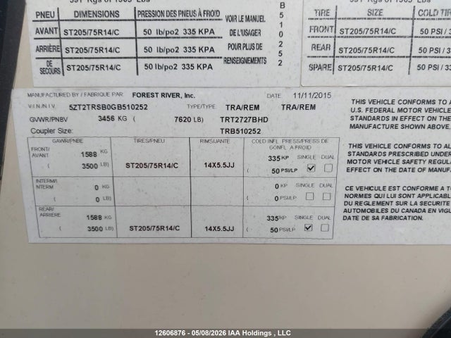 12606876 :رقم المزاد ، 5ZT2TRSBOGB510252 vin ، 2016 Forest River Tracer مزاد بيع