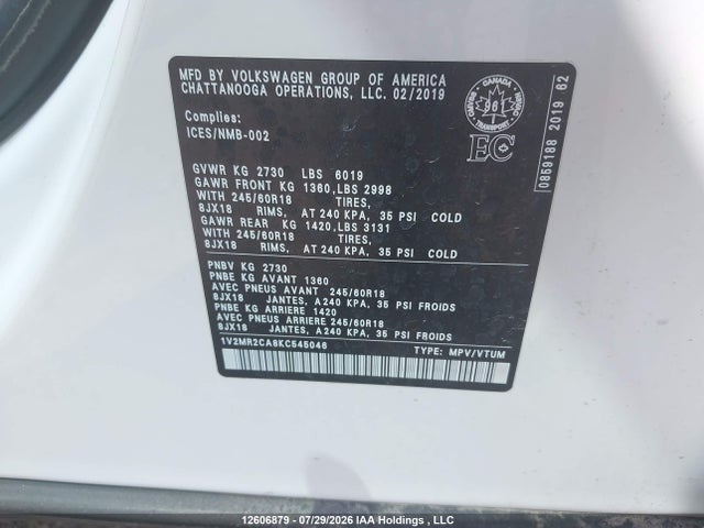 12606879 :رقم المزاد ، 1V2MR2CA8KC545046 vin ، 2019 Volkswagen Atlas 3.6 Fsi Highline مزاد بيع