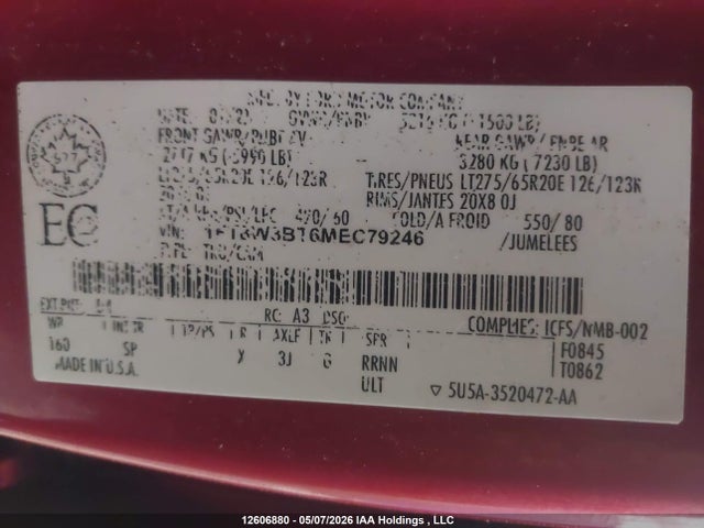 12606880 :رقم المزاد ، 1FT8W3BT6MEC79246 vin ، 2021 Ford F-350 King Ranch مزاد بيع