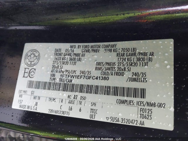 Продажа на аукционе авто 2016 Ford F150 Supercrew, vin: 1FTFW1EF7GFC41380, номер лота: 12606886