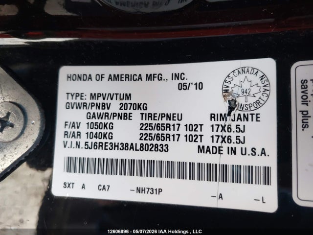 Продаж на аукціоні авто 2010 Honda Cr-v, vin: 5J6RE3H38AL802833, номер лоту: 12606896
