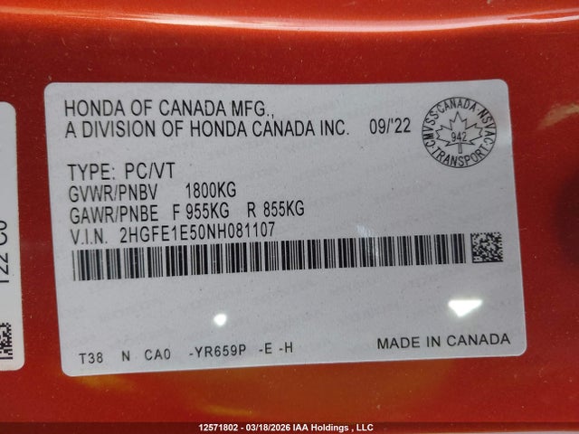 12571802 :رقم المزاد ، 2HGFE1E50NH081107 vin ، 2022 Honda Civic Si Si مزاد بيع