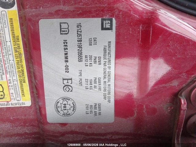 2009 Chevrolet Malibu Lt2 მანქანა იყიდება აუქციონზე, vin: 1G1ZJ57B19F205659, აუქციონის ნომერი: 12606908