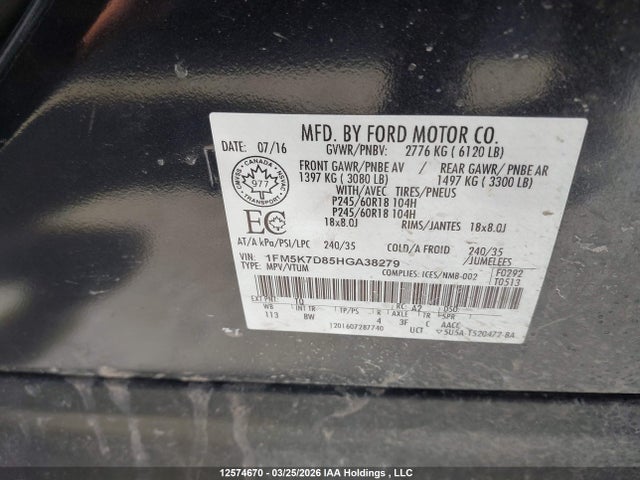 1FM5K7D85HGA38279 Ford EXPLORER XLT
