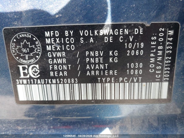 12596545 :رقم المزاد ، 3VW117AU7KM520883 vin ، 2019 Volkswagen Golf Sportwagen 1.8 Tsi Comfortline/1.8 Tsi Highline مزاد بيع