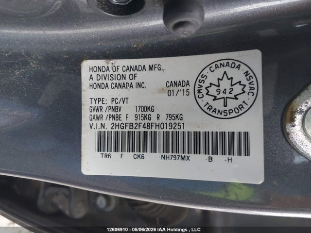 Продажа на аукционе авто 2015 Honda Civic Lx, vin: 2HGFB2F48FH019251, номер лота: 12606910