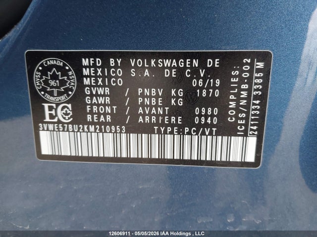 Продажа на аукционе авто 2019 Volkswagen Jetta 1.4 Tsi Highline, vin: 3VWE57BU2KM210953, номер лота: 12606911