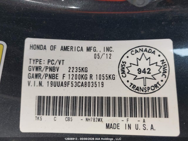 12606913 :رقم المزاد ، 19UUA9F53CA803519 vin ، 2012 Acura Tl مزاد بيع