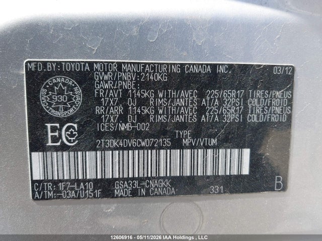 Aukcja sprzedaży 2012 Toyota Rav4 Limited V6, vin: 2T3DK4DV6CW072135, numer aukcji: 12606916