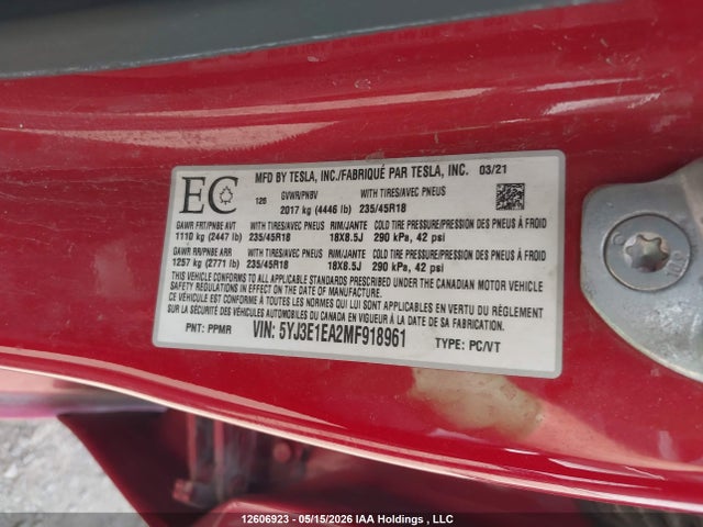 12606923 :رقم المزاد ، 5YJ3E1EA2MF918961 vin ، 2021 Tesla Model 3 مزاد بيع