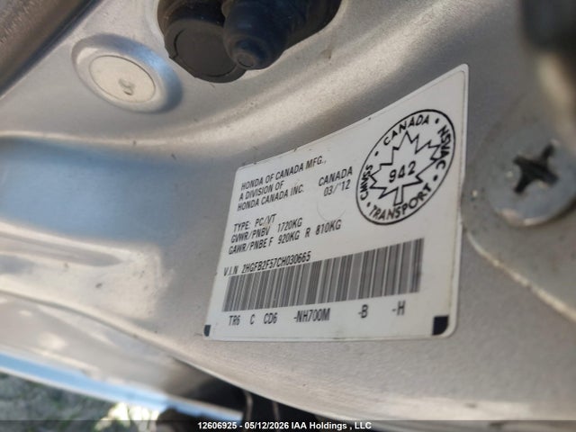 12606925 :رقم المزاد ، 2HGFB2F57CH030665 vin ، 2012 Honda Civic Ex 4dr مزاد بيع