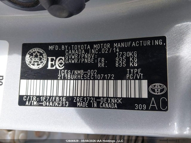 2T1BURHE5EC107172 Toyota Corolla L/le/le Pls/prm/s/s Pls