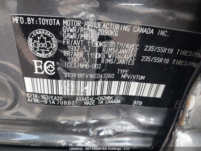 12606932 :رقم المزاد ، 2T3R1RFV1KC043760 vin ، 2019 Toyota Rav4 Xle مزاد بيع