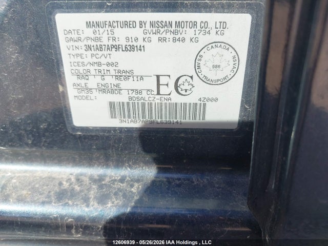 Продаж на аукціоні авто 2015 Nissan Sentra 1.8 S/1.8 Sl/1.8 Sr/1.8 Sv, vin: 3N1AB7AP9FL639141, номер лоту: 12606939