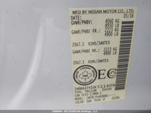 Продажа на аукционе авто 2016 Nissan Titan Xd Platinum Reserve/pro-4x/s/sl/sv, vin: 1N6BA1F41GN511409, номер лота: 12606944