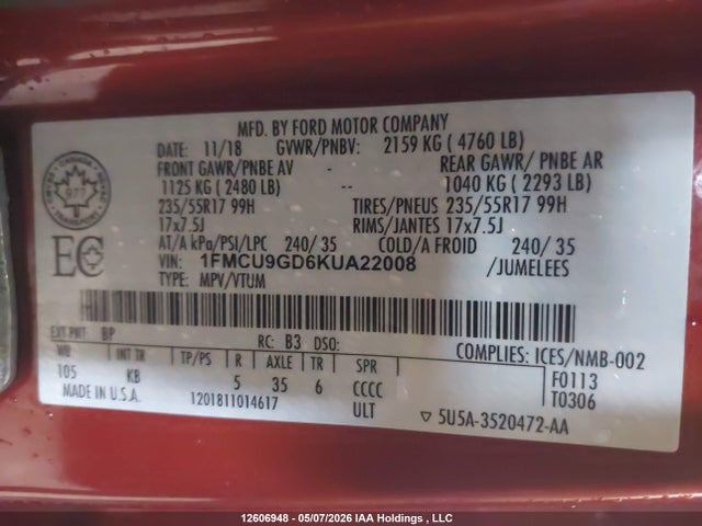 1FMCU9GD6KUA22008 Ford ESCAPE SE