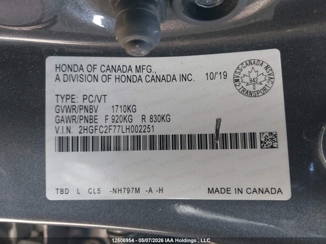 Aukcja sprzedaży 2020 Honda Civic Ex, vin: 2HGFC2F77LH002251, numer aukcji: 12606954