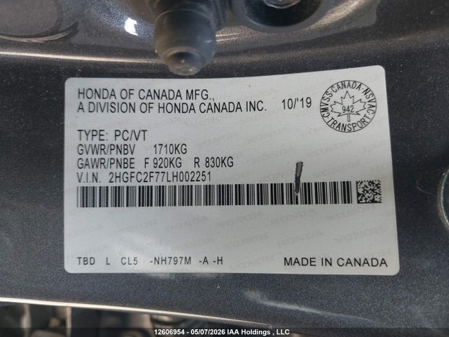 Aukcja sprzedaży 2020 Honda Civic Ex, vin: 2HGFC2F77LH002251, numer aukcji: 12606954