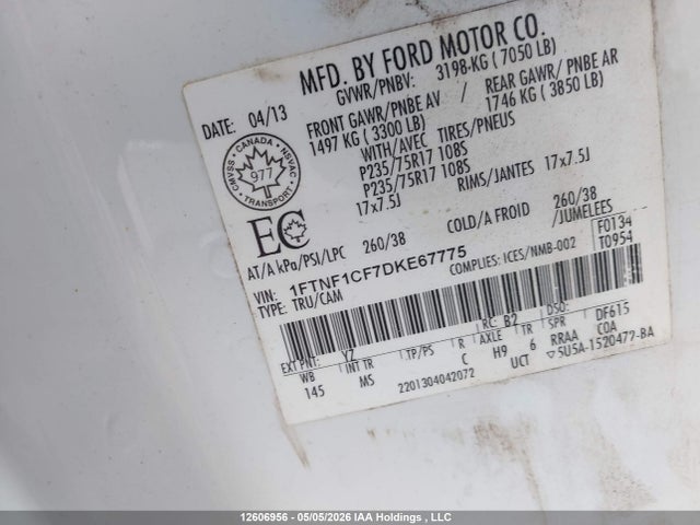 12606956 :رقم المزاد ، 1FTNF1CF7DKE67775 vin ، 2013 Ford F150 مزاد بيع
