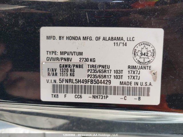 Продаж на аукціоні авто 2015 Honda Odyssey Ex, vin: 5FNRL5H49FB504429, номер лоту: 12606966