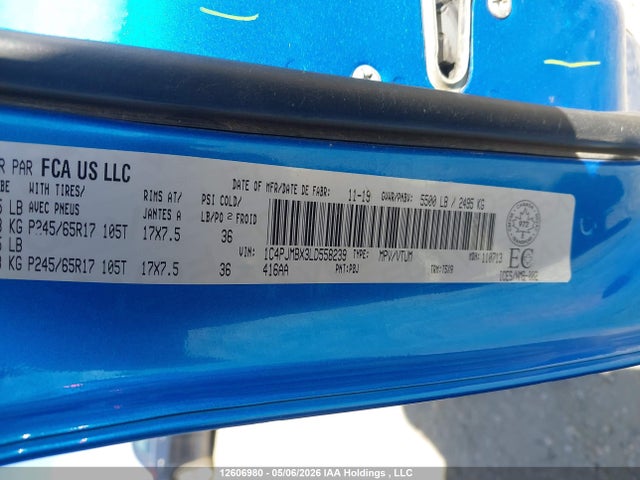 12606980 :رقم المزاد ، 1C4PJMBX3LD558239 vin ، 2020 Jeep Cherokee Trailhawk مزاد بيع
