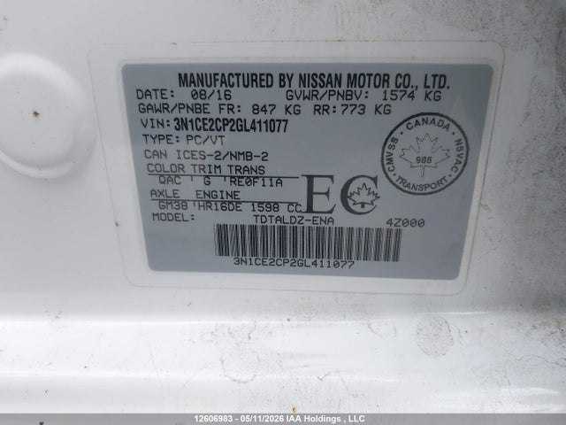 2016 Nissan Versa Note S/s Plus/sv/sl/sr მანქანა იყიდება აუქციონზე, vin: 3N1CE2CP2GL411077, აუქციონის ნომერი: 12606983