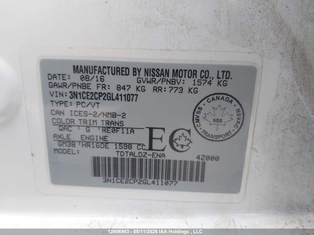 2016 Nissan Versa Note S/s Plus/sv/sl/sr მანქანა იყიდება აუქციონზე, vin: 3N1CE2CP2GL411077, აუქციონის ნომერი: 12606983