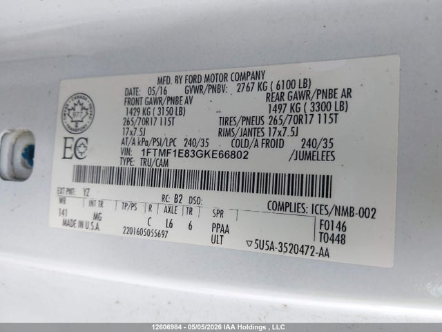 Продаж на аукціоні авто 2016 Ford F150, vin: 1FTMF1E83GKE66802, номер лоту: 12606984