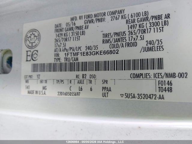 Продаж на аукціоні авто 2016 Ford F150, vin: 1FTMF1E83GKE66802, номер лоту: 12606984