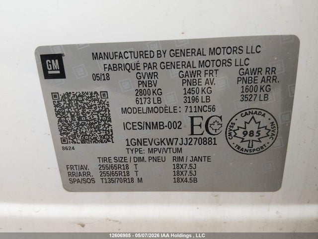 1GNEVGKW7JJ270881 Chevrolet Traverse Lt Cloth