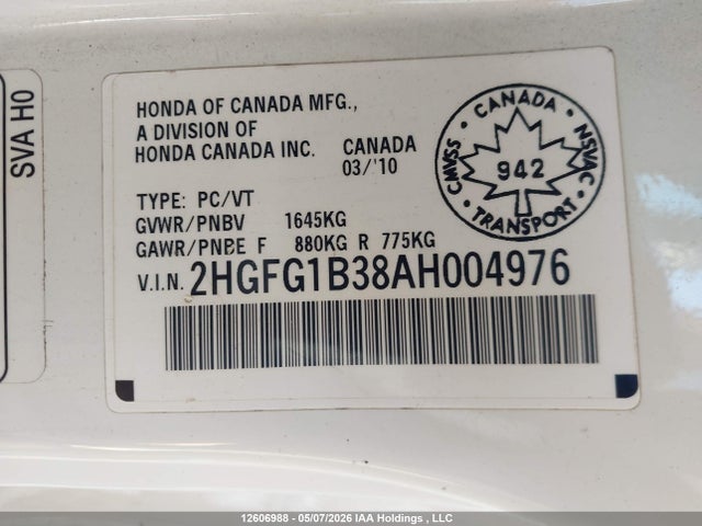 Aukcja sprzedaży 2010 Honda Civic Dx-g, vin: 2HGFG1B38AH004976, numer aukcji: 12606988