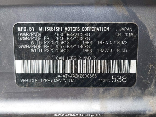 Продажа на аукционе авто 2019 Mitsubishi Eclipse, vin: JA4AT4AA2KZ600585, номер лота: 12606989