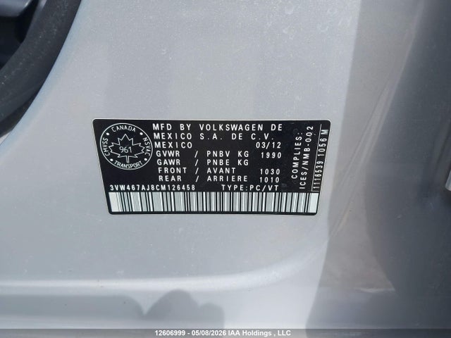 12606999 :رقم المزاد ، 3VW467AJ8CM126458 vin ، 2012 Volkswagen Jetta Gli مزاد بيع