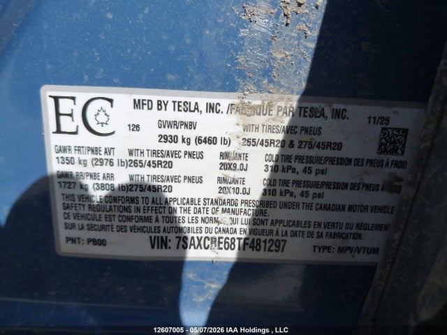 12607005 :رقم المزاد ، 7SAXCBE68TF481297 vin ، 2026 Tesla Model X Plaid مزاد بيع