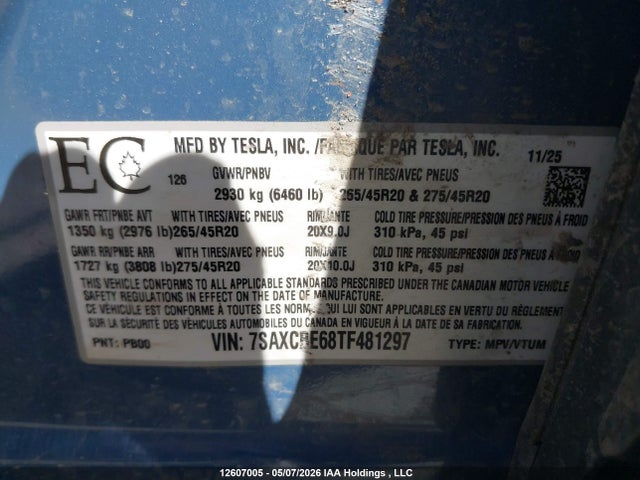 12607005 :رقم المزاد ، 7SAXCBE68TF481297 vin ، 2026 Tesla Model X Plaid مزاد بيع