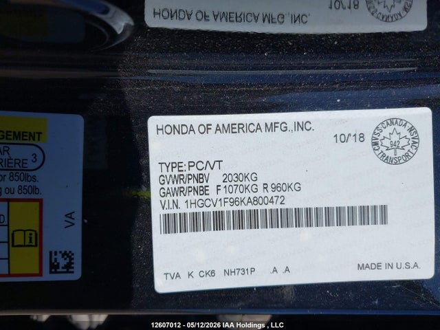1HGCV1F96KA800472 Honda Accord Touring