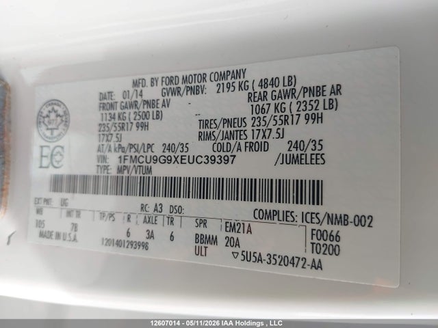 Продажа на аукционе авто 2014 Ford Escape Se, vin: 1FMCU9G9XEUC39397, номер лота: 12607014