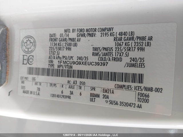 Продажа на аукционе авто 2014 Ford Escape Se, vin: 1FMCU9G9XEUC39397, номер лота: 12607014