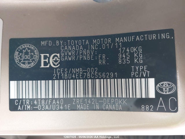 2011 Toyota Corolla S/le მანქანა იყიდება აუქციონზე, vin: 2T1BU4EE7BC556291, აუქციონის ნომერი: 12607025