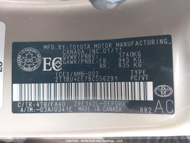 2011 Toyota Corolla S/le მანქანა იყიდება აუქციონზე, vin: 2T1BU4EE7BC556291, აუქციონის ნომერი: 12607025
