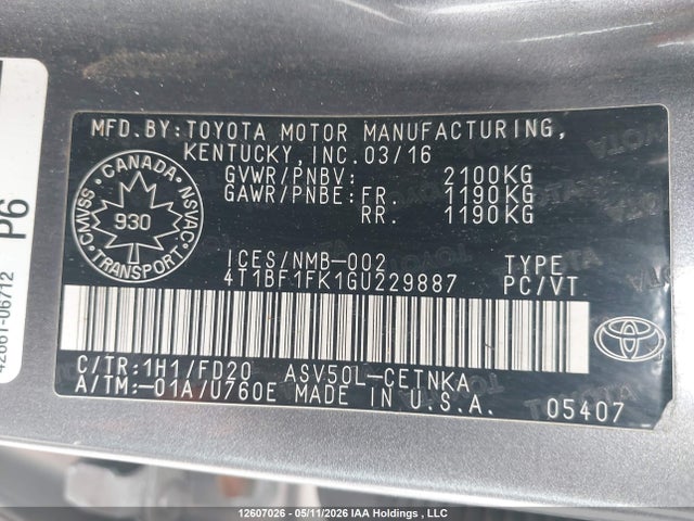 2016 Toyota Camry Le მანქანა იყიდება აუქციონზე, vin: 4T1BF1FK1GU229887, აუქციონის ნომერი: 12607026