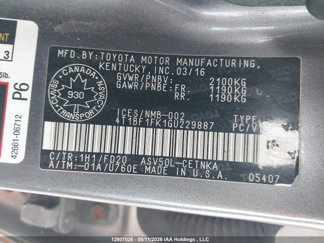 2016 Toyota Camry Le მანქანა იყიდება აუქციონზე, vin: 4T1BF1FK1GU229887, აუქციონის ნომერი: 12607026