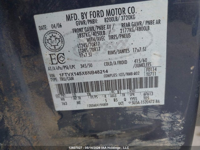 2006 Ford F-150 Xl/xlt მანქანა იყიდება აუქციონზე, vin: 1FTVX145X6NB48214, აუქციონის ნომერი: 12607027