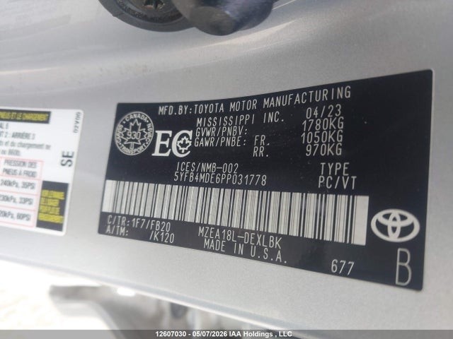 Продажа на аукционе авто 2023 Toyota Corolla Le, vin: 5YFB4MDE6PP031778, номер лота: 12607030